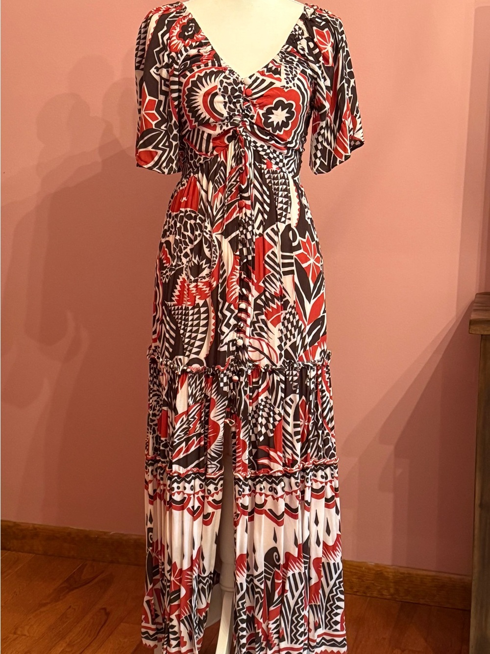 Abstract Print Midi Dress with V-Neck in Red, Black & White